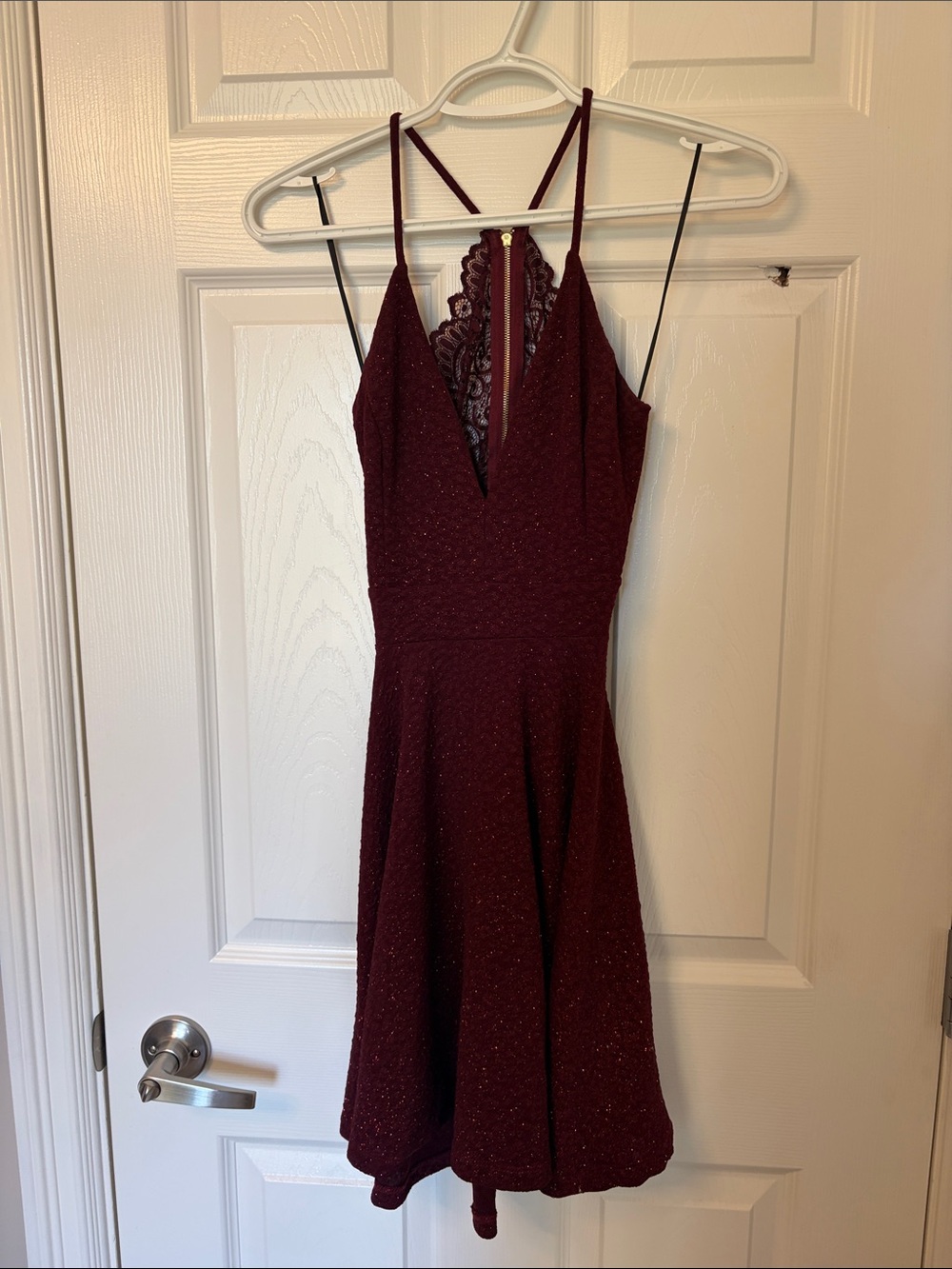 Lovely Day Sparkle Lace-Back Mini Dress in Burgundy